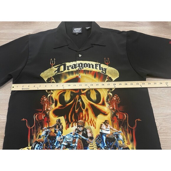 Dragonfly Clothing Biker Skull Shirt Men’s Large AOP Motorcycle Button Up VTG - Picture 7 of 10